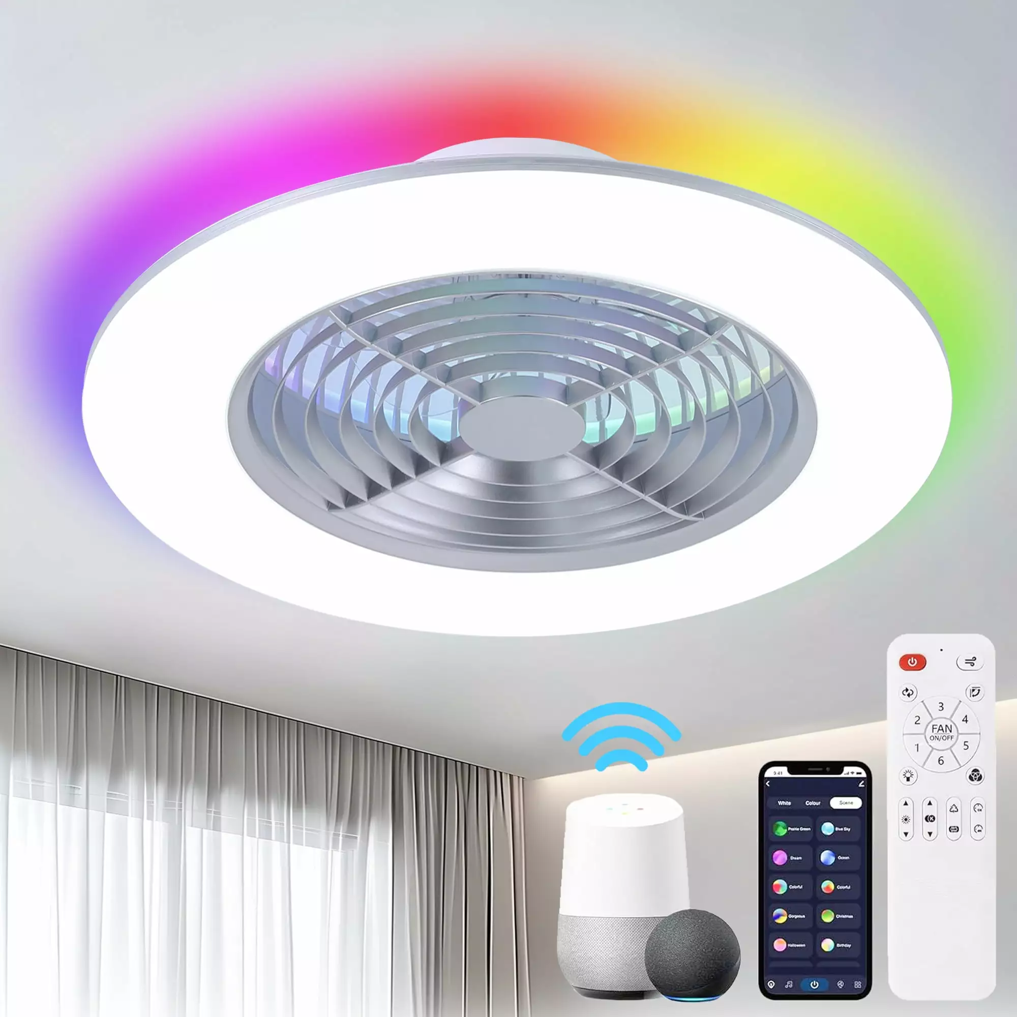 24'' Bladeless Ceiling Fans with Lights and Remote. 6 Speed. Dimmable & RGB Ambient Light