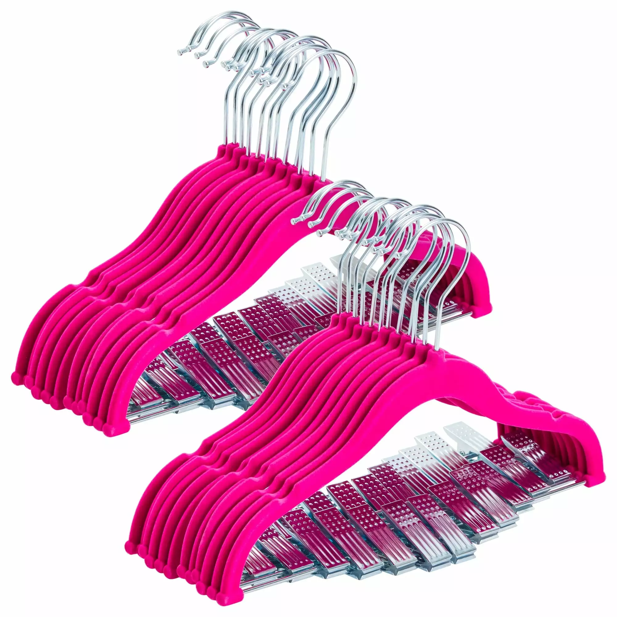 24 Pack Hot Pink Velvet Hangers with Clips for Kids. Baby Nursery. Children's Closet. Dresses. Shirts. Pants. Skirts. Ultra Thin. Nonslip. Space-Saving (12 Inches)