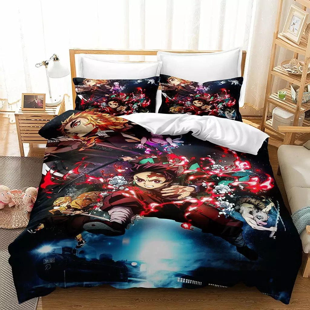 New 3PCS Anime Demon Slayer Bedding Bed Set Twin Full Queen King Size Nezuko Tanjiro Action Figures Soft Microfiber 1 Duvet Cover 2 Pillow Case 3D Japanese Manga Duvet/Quilt Cover Sets