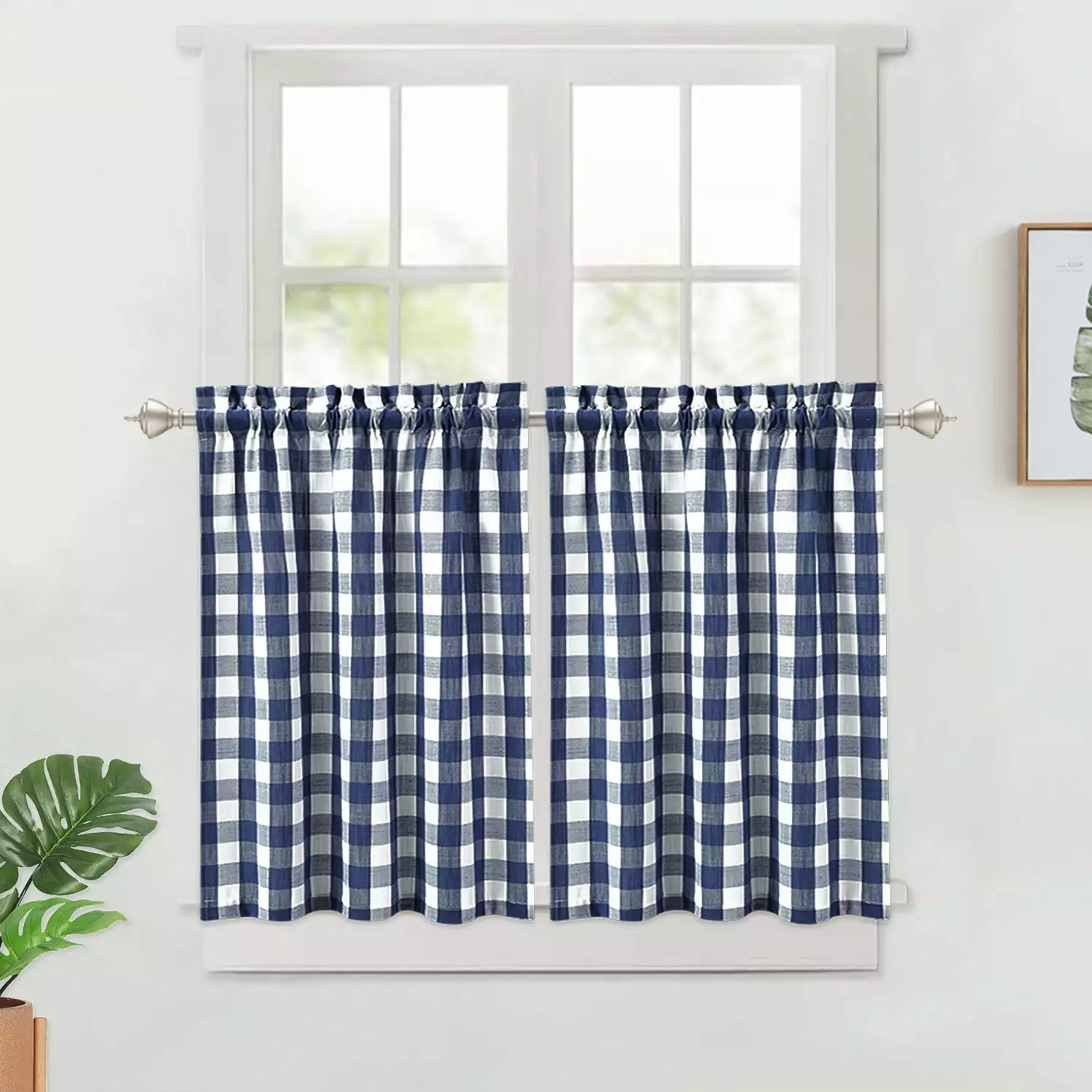 Haperlare Farmhouse Plaid Kitchen Curtain Blackout Rod Pocket Cafe Curtain for Small Windows. Navy/White. 28W x 30L 2 Panels