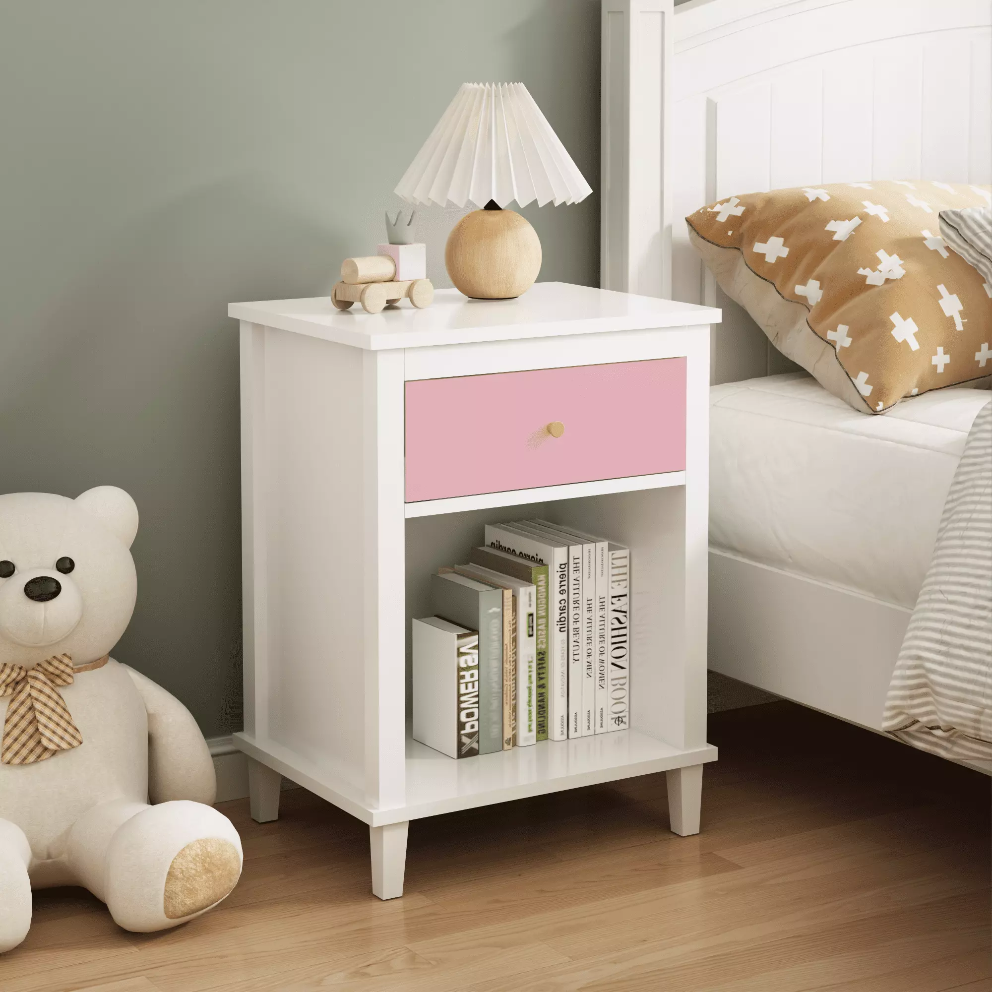 26.77'' H Wooden Nightstand with One Drawer and Shelf - Sturdy and Colorful Bedside Table for Kids and Adults. Pink