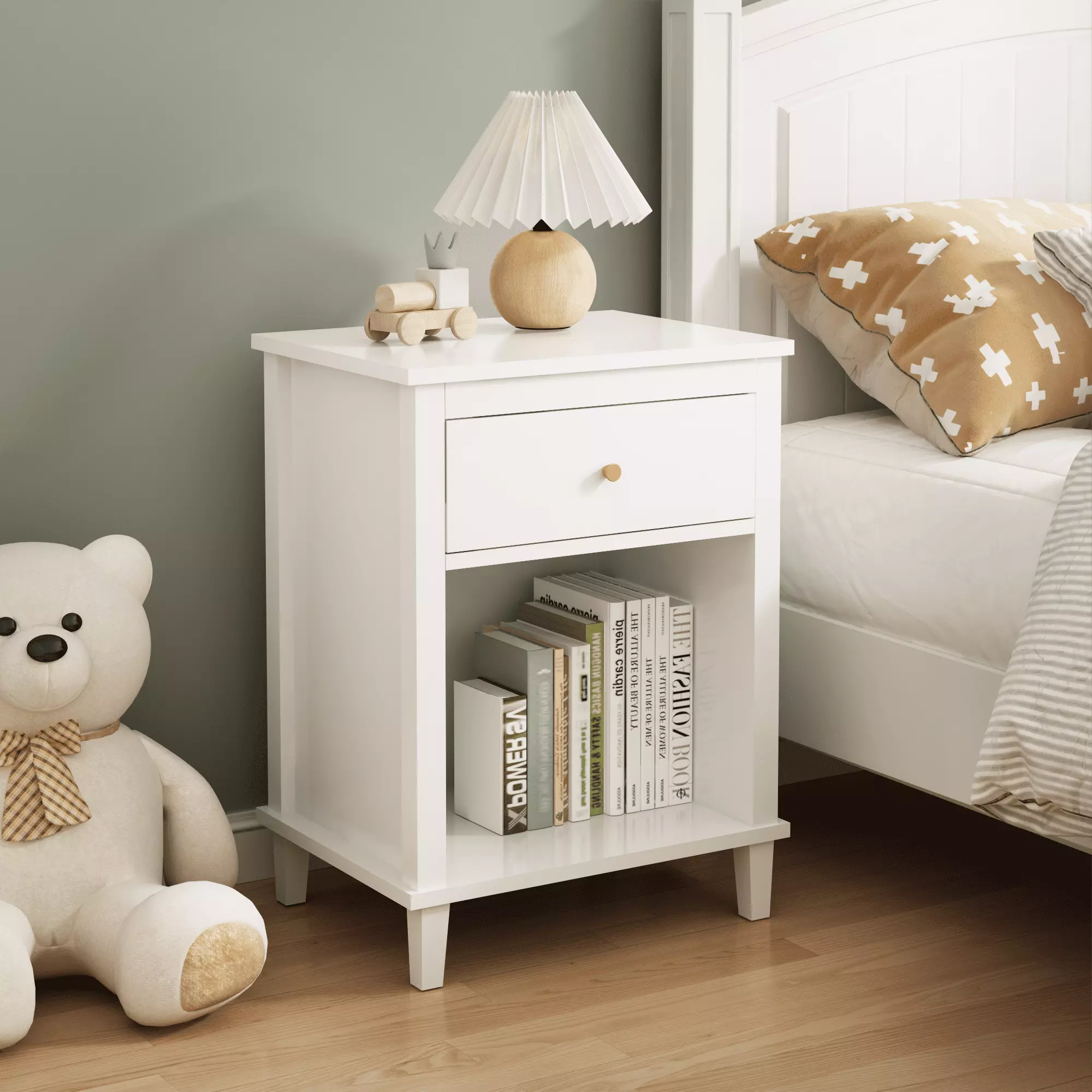 26.77'' H Wooden Nightstand with One Drawer and Shelf - Sturdy and Versatile Bedside Table for Kids and Adults. White