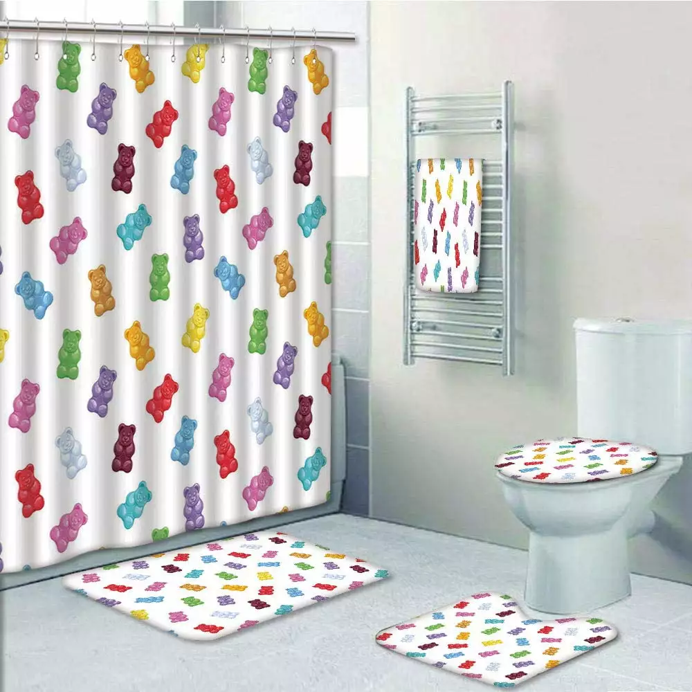 PRTAU Kids Vibrant Colored Gummy Bears Candies Delicious Jelly Sugary Snack Chewy Sweet Taste 5 Piece Bathroom Set Shower Curtain Bath Towel Bath Rug Contour Mat and Toilet Lid Cover