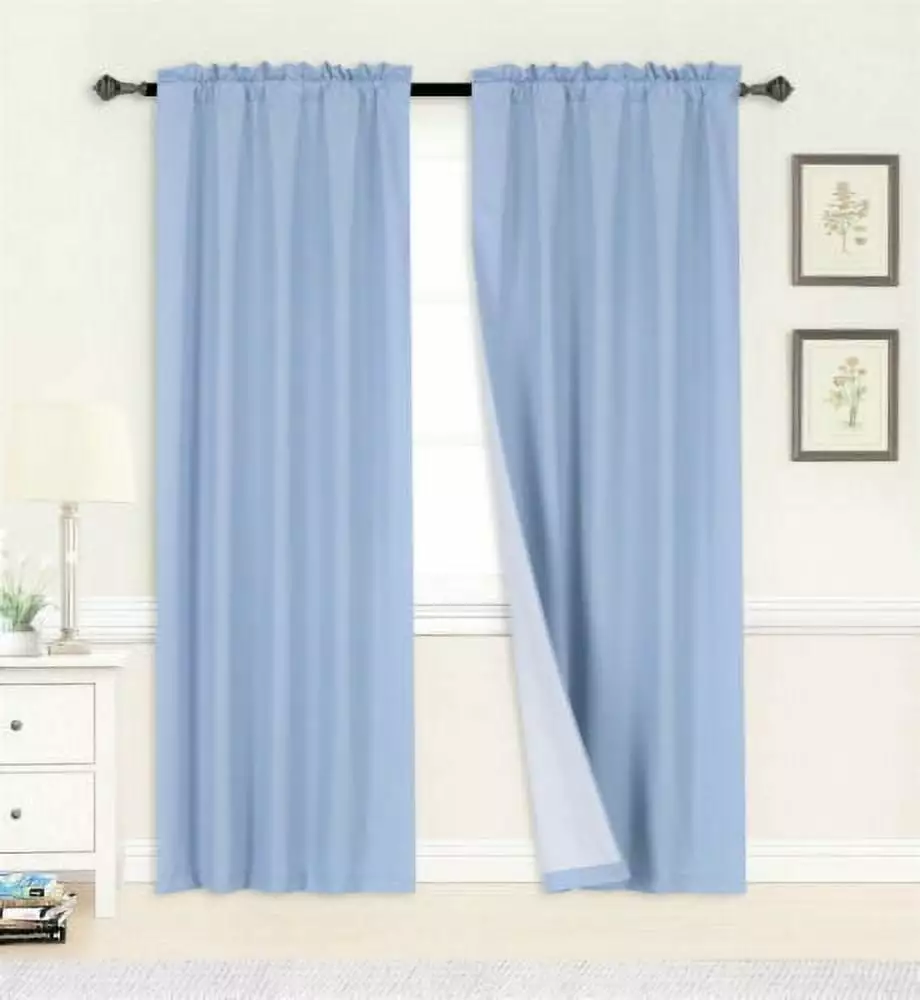 2PC LIGHT BLUE BLACKOUT PANEL LINEN WHITE BACKING ROD POCKET PRIVACY WINDOW CURTAIN TREATMENT 37 WIDE X 63 LENGTH EACH PANEL