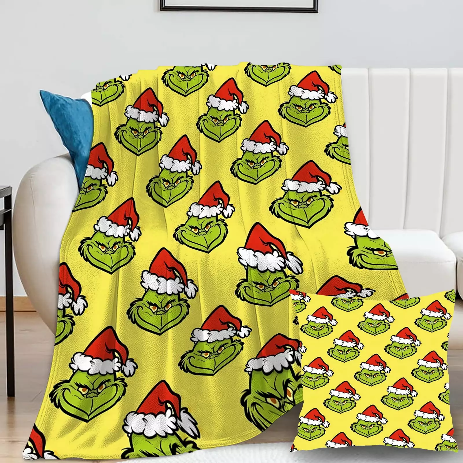 2Pcs Grinch Blanket with Grinch Pillow Case Comfort Microfiber Kids Christmas blanket Merry Grinchmas Gift