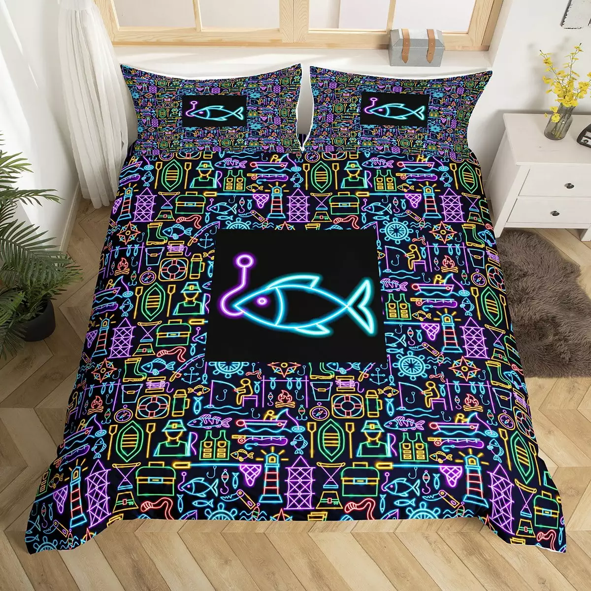 YST Kids Neon Fish Duvet Cover Twin.Coastal Fishing Bedding Set For Boys Girls.Mechanical Style Big Bass Pike Fish Comforter Cover.Boat Fishing Tools Quilt Cover With Zipper 1 Pillow Case