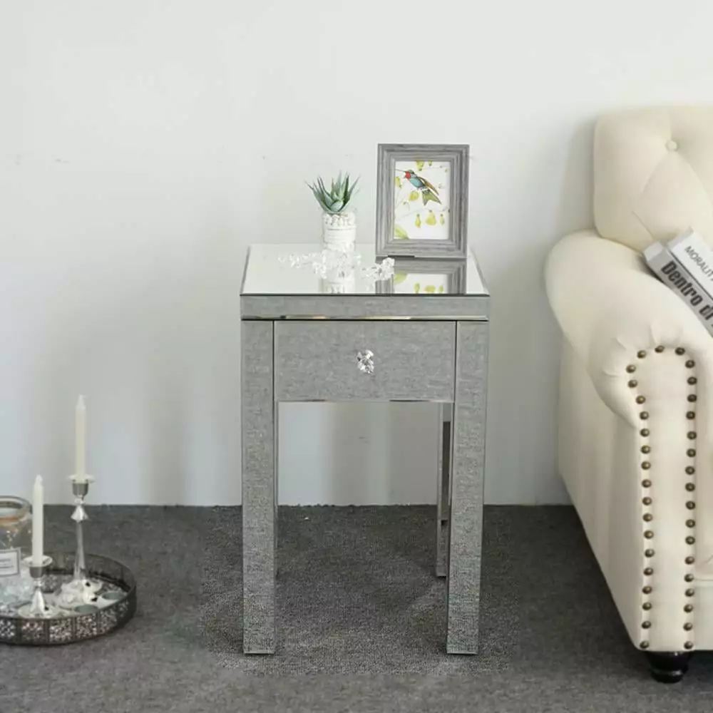 Ktaxon 1-Drawer Mirrored End Table.Nightstand Mirror Accent Table Bedroom Mini Cabinet.Silver