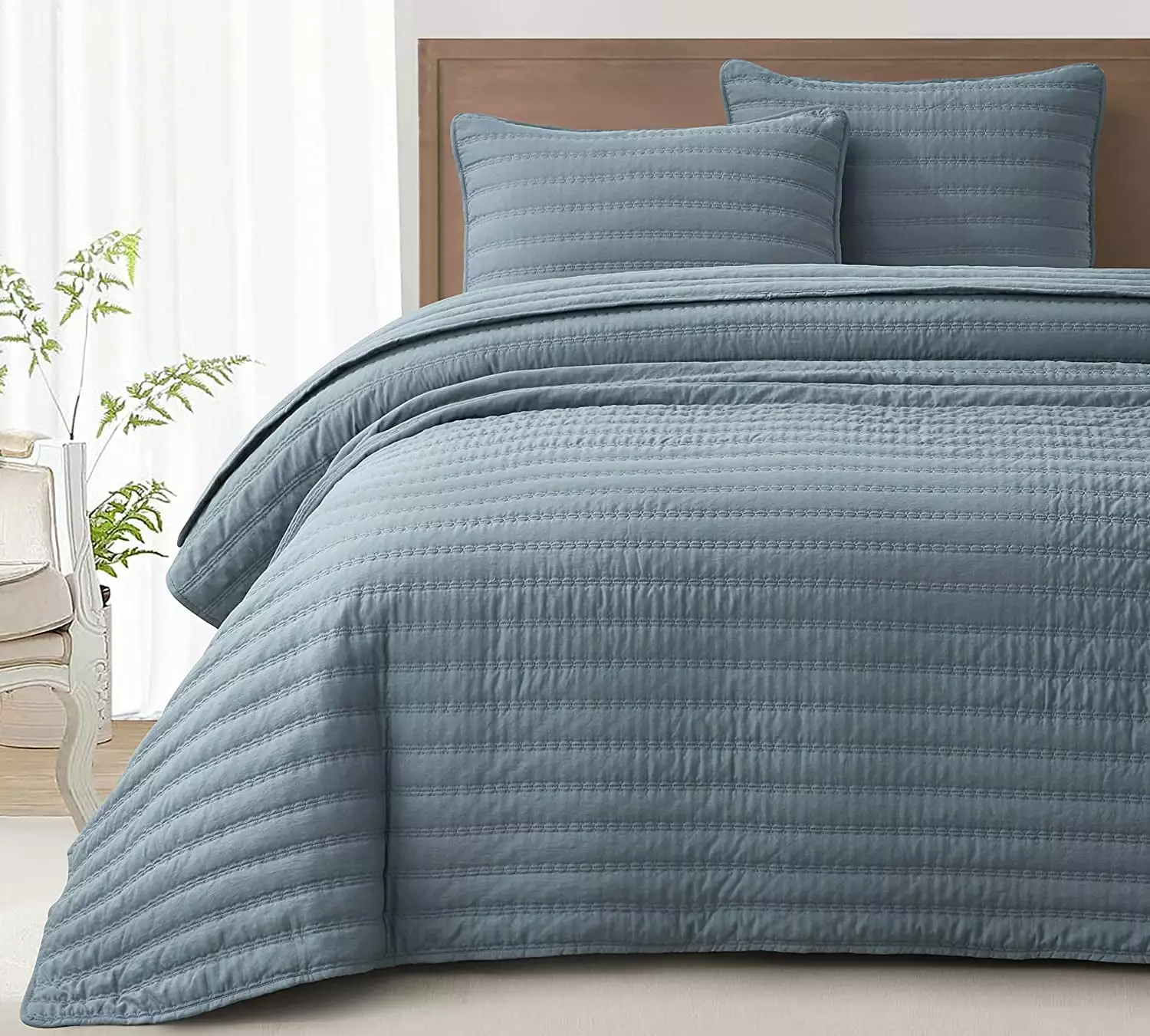 Chezmoi Collection Valkyrie 3-Piece Dusty Blue Queen Size Quilt Set - Cross Stitch Stone-Washed Super Soft Microfiber Lightweight Quilted Bedspread Coverlet Set for All Seasons