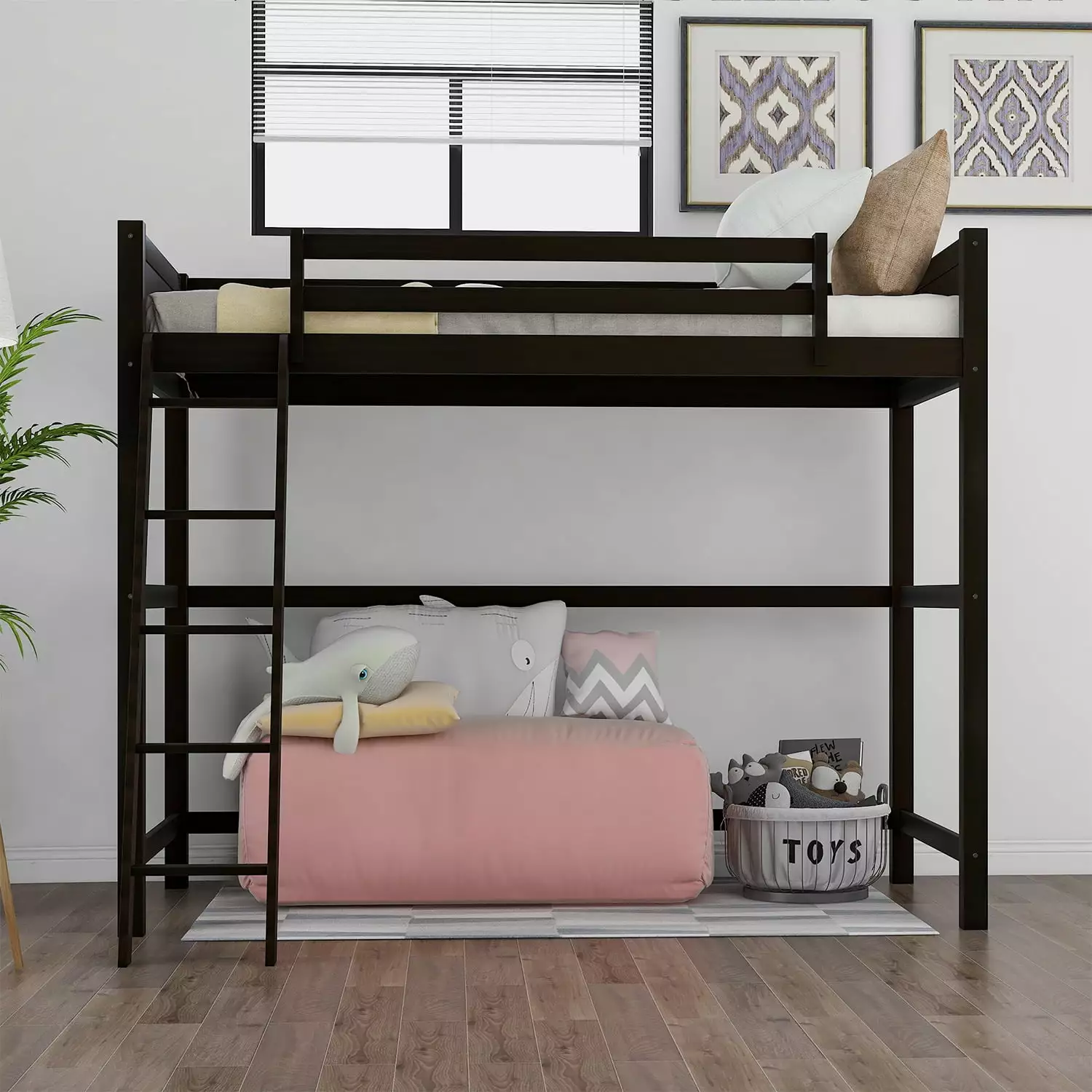 Twin Size Loft Bed with Ladder. Solid Wooden Bed with Stair for Kids Bedroom Furniture. Espresso 80.06 L X 42.3 W X 72 H