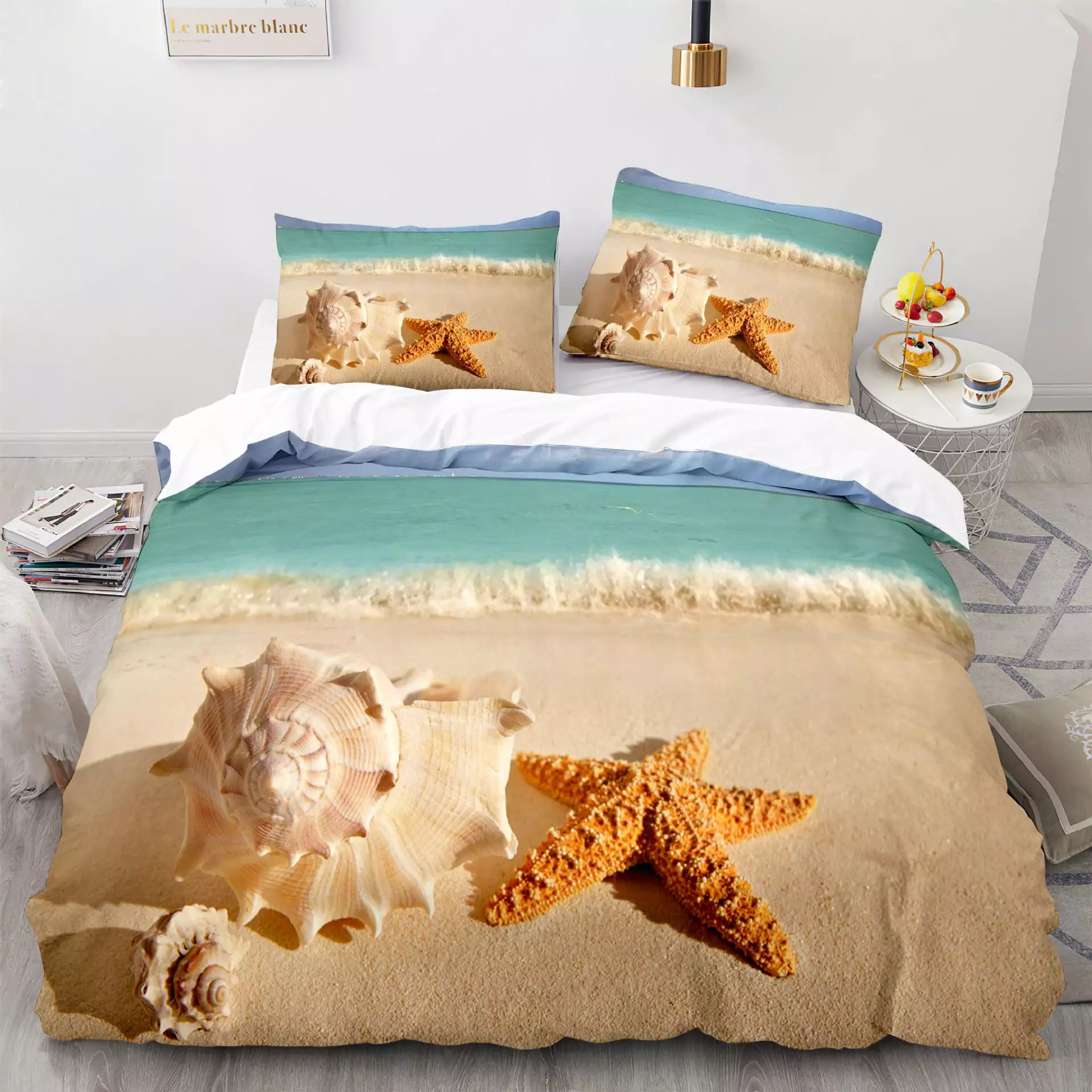 Sealife: Seashells & Starfish Beach House. Coastal. Nautical Quilt Set .3 Piece Bedding Set with 2 Pillowcases & 1 Quilt Cover