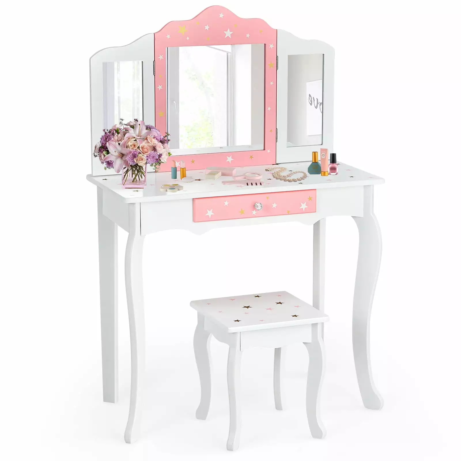 Coelon Kids Vanity Table & Chair Set. Princess Makeup Dressing Table w/ 360?? Rotating Tri-fold Mirror Pink