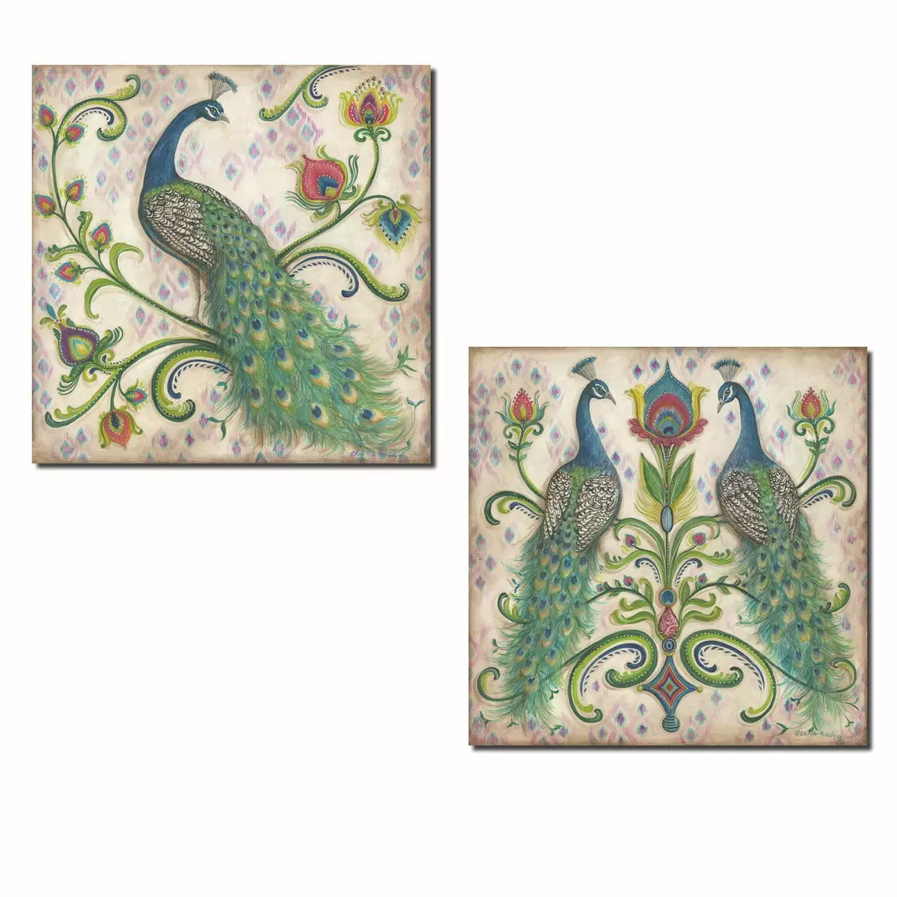 Classic Tan and Green Peacock Bird Adult Decor; 2- 12 x 12 Unframed Prints