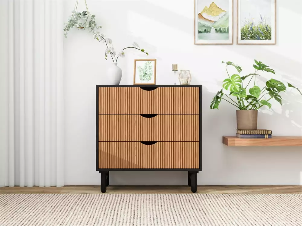 3 Drawer Dresser. Modern Closet Dressers Chest of Drawers with Waveform Panel. Wood Storage Dresser Nightstand for Bedroom. Living Room. Entryway