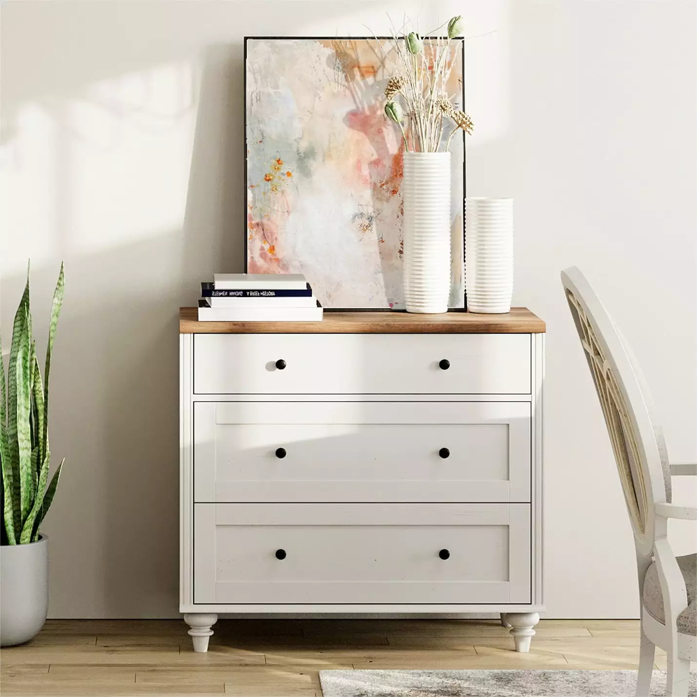 3 Drawer Dresser for Bedroom. White Kids Dressers Wood Mid Century Modern Closet Storage Organizer for Living Room. Nursery. Hallway