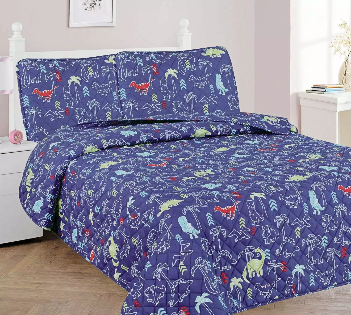 3-PC FULL DINOSAUR NAVY Bed Cover Bedspread Coverlet Quilt Set for Kids and Teens