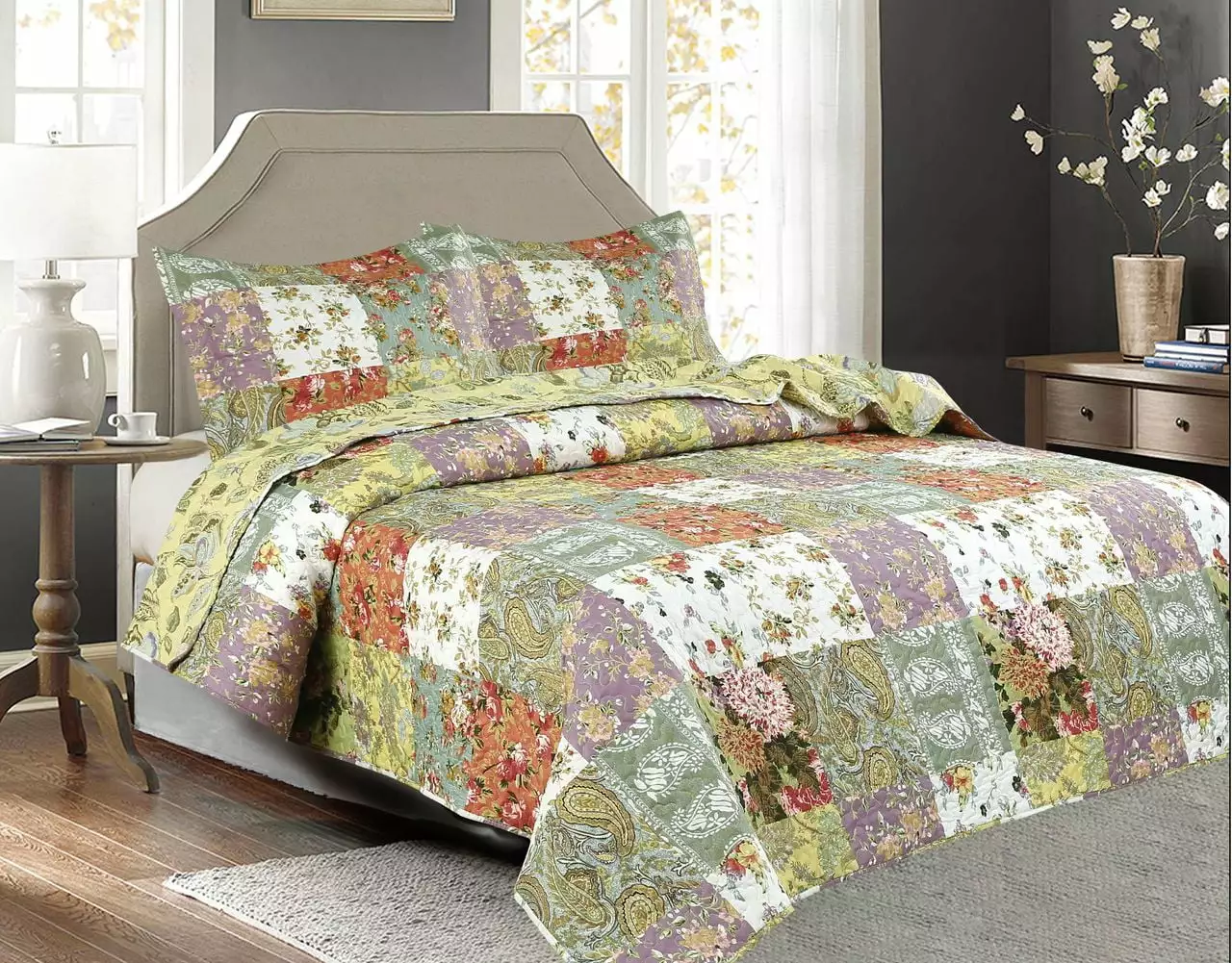 3 PCS Paisley Stitched Pinsonic Reversible Lightweight All Season Bedspread Quilt Coverlet Oversize. Queen Size