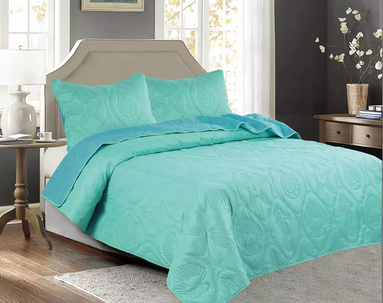 3 PCS Shell & Seahorse Stitched Pinsonic Reversible All Season Soft Microfiber Bedspread Quilt Coverlet Oversize Turquoise Color Queen Size