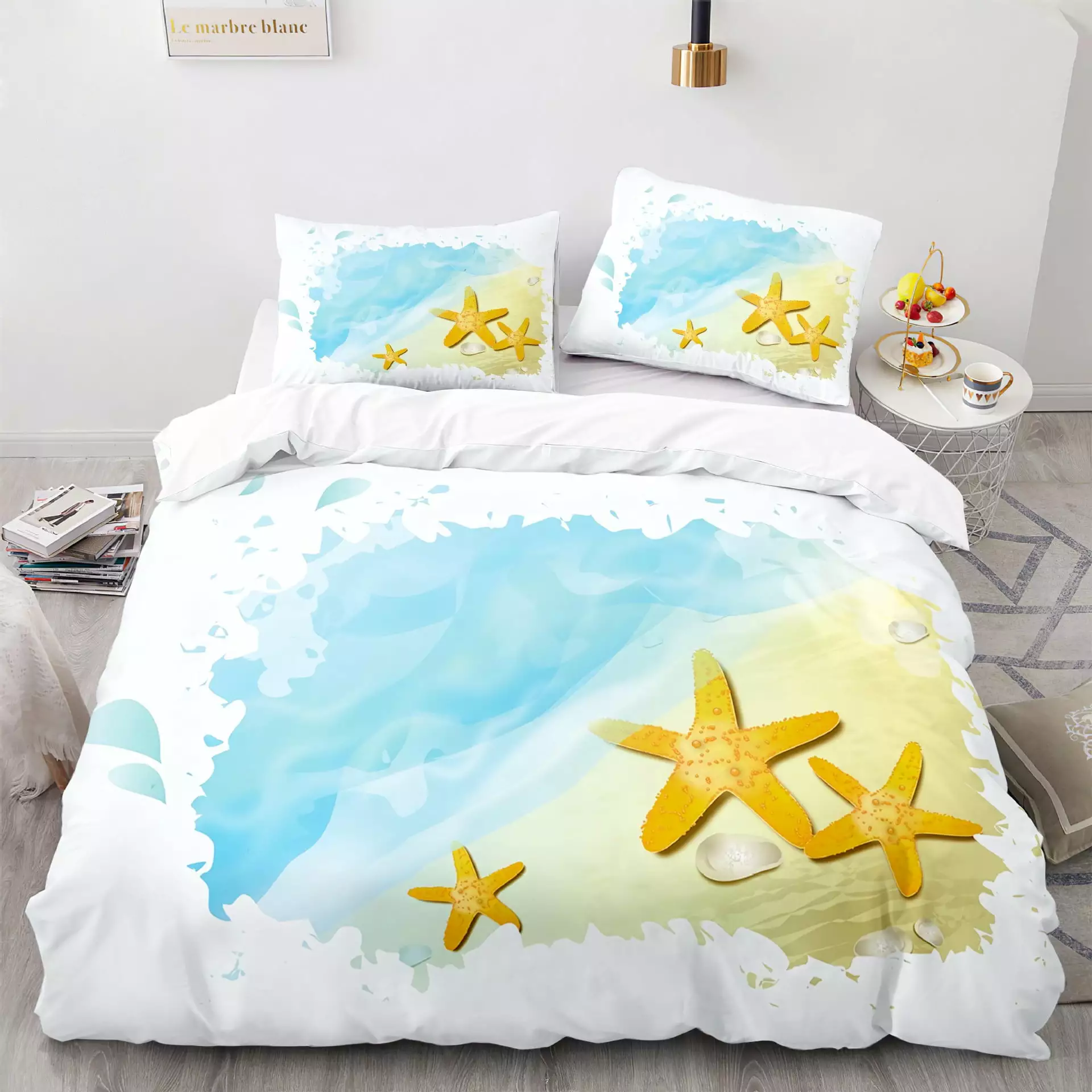 3-Piece Coastal Beach Quilt Set Blue Ocean Theme Bedding Seashell Conch Seahorse Starfish Bed Covers.2 Pillowcases & 1 Quilt Cover