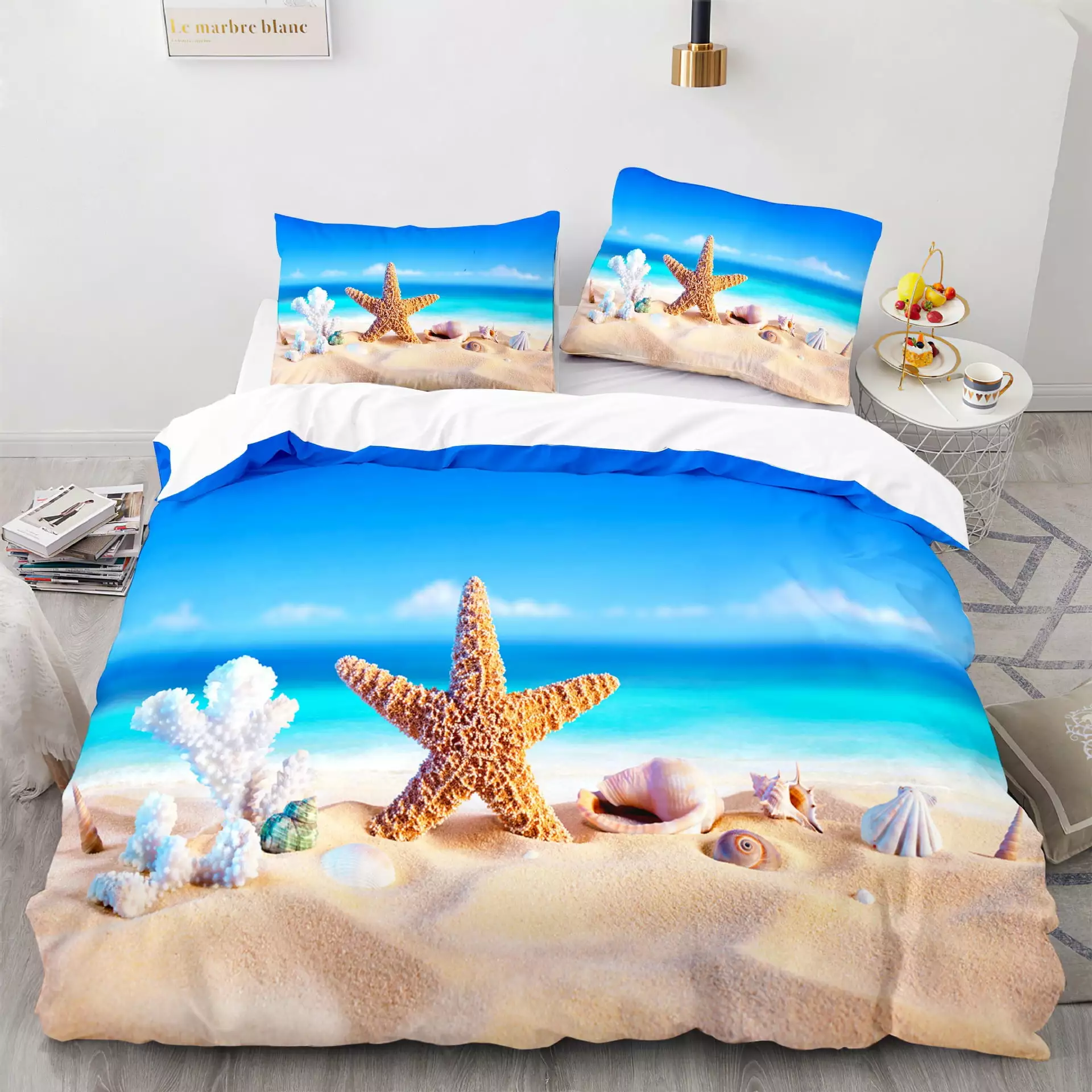 3-Piece Coastal Beach Quilt Set Blue Ocean Theme Bedding Seashell Conch Seahorse Starfish Bed Covers.2 Pillowcases & 1 Quilt Cover