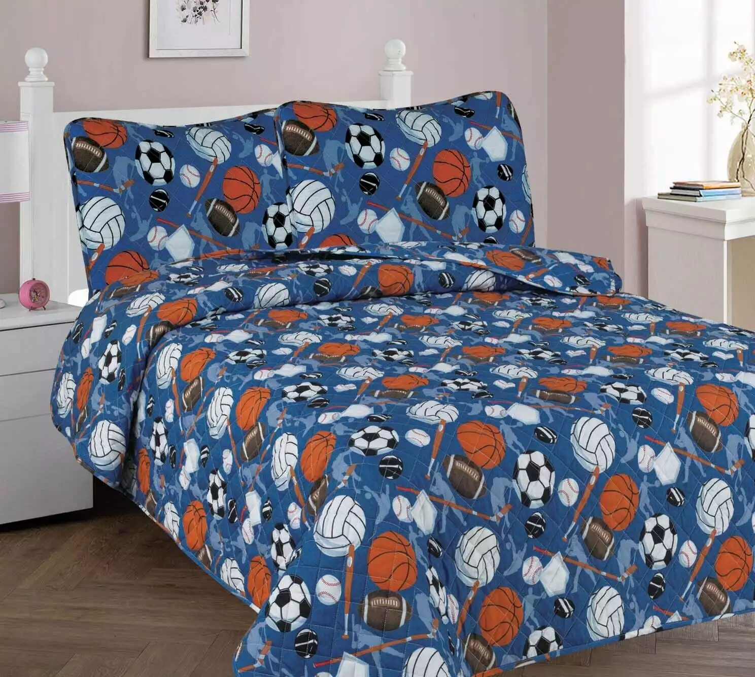 3-Piece Full Hockey Sport Ball Blue for Kids Microfiber Bedding Quilt Set. 1 Print Quilted Coverlet with 2 Matching Pillow Shams Included