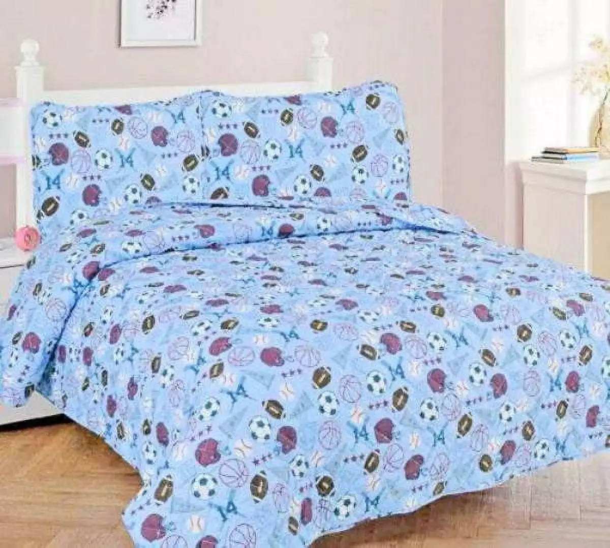 3-Piece Full MVP Blue for Kids Microfiber Bedding Quilt Set. 1 Print Quilted Coverlet with 2 Matching Pillow Shams Included