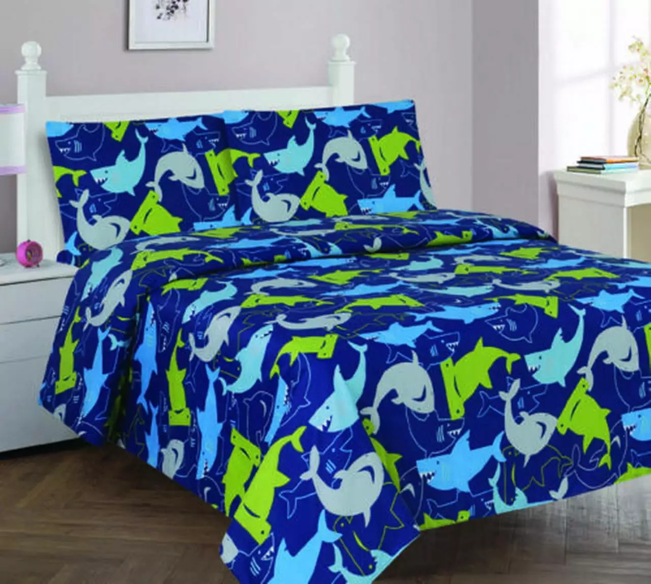 3-Piece Full Shark Blue for Kids Microfiber Bedding Quilt Set. 1 Print Quilted Coverlet with 2 Matching Pillow Shams Included