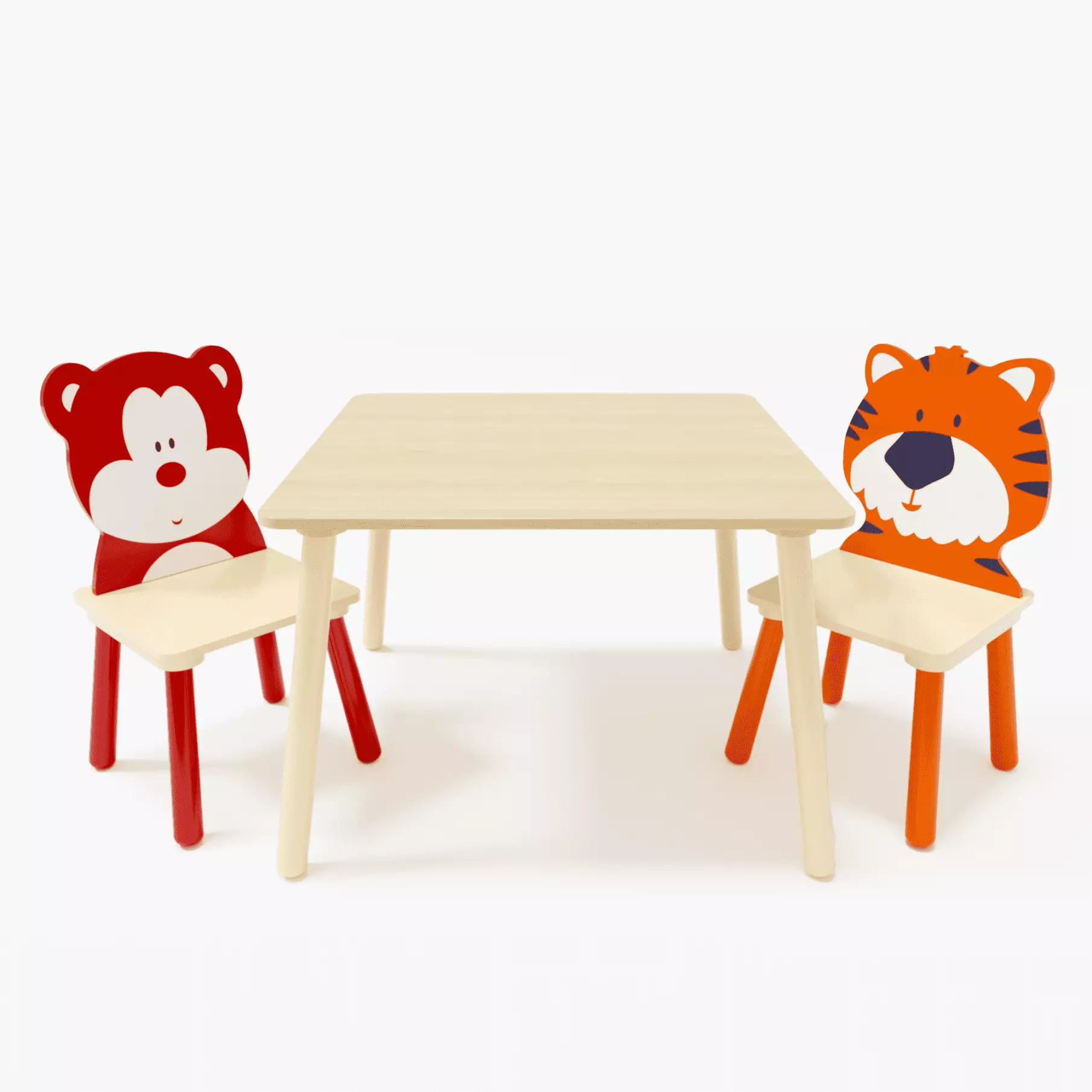 3 Piece Lovely Table and Chair Set for Kids. 2 Cartoon Animal Chairs and Small Square Table with Rounded Edges. Wooden Table Set for 3-8 Years Old (Bear&Tiger)