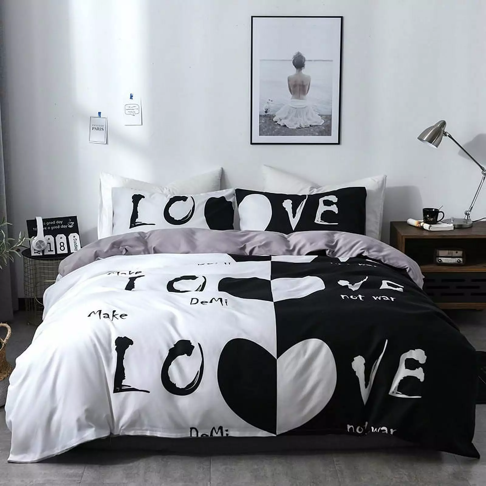 3 Pieces Love Heart Shaped Microfiber Duvet Cover Teen Boys Girls White and Black Bedding Cover Sets .King Size