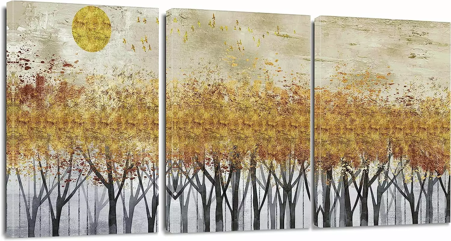 3 Pieces Wall Art Canvas Prints - Autumn Yellow Leaf Trees with Sun Picture Painting - Modern Wall Artwork Framed for Gifts Bathroom Living Room Home Office Decor - 12 x 16 Inch