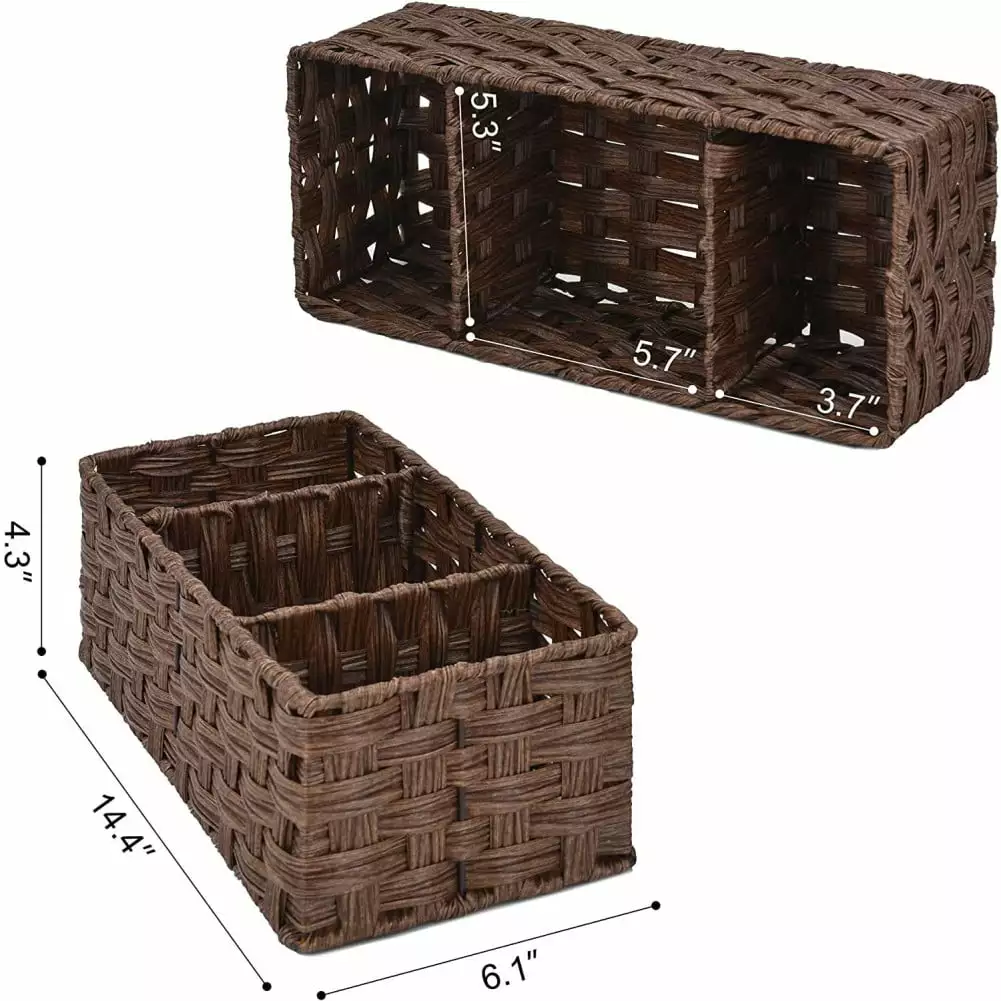 3-Section Wicker Baskets for Shelves. Hand-Woven Water Hyacinth Wicker Storage Basket. Toilet Paper Basket for Toilet Tank Top. Baskets for Organizing Bathroom Kitchen 5.3*14.4*4.3inch