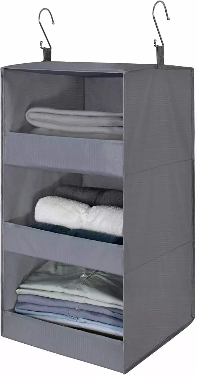 3-Shelf Hanging Closet Organizer and Storage. Collapsible Hanging Closet Shelves. Hanging Organizer for Closet & RV. Gray. 29 H X 12 W X 12 D