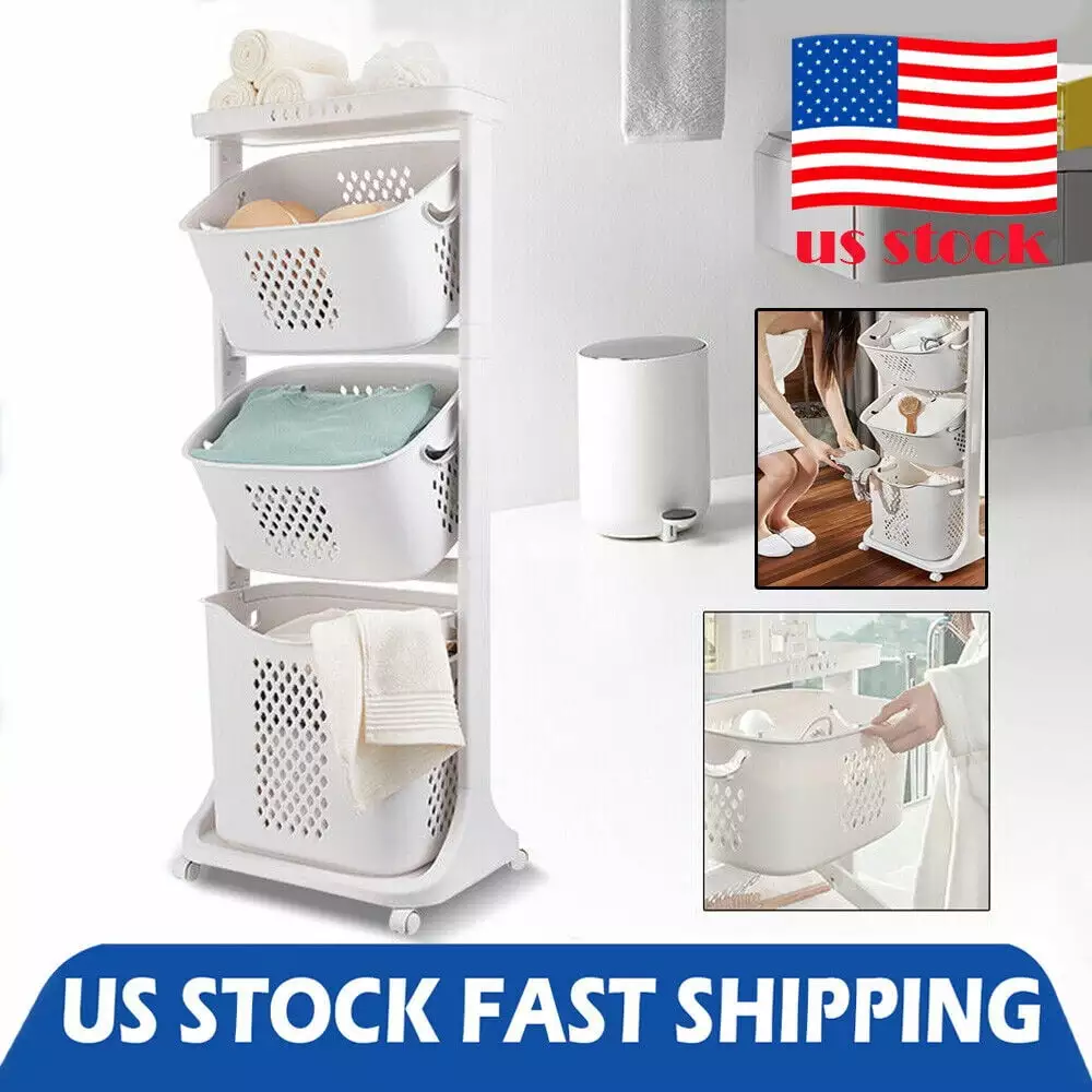 3 Tier Laundry Hamper Basket Sorter Clothes Storage Organizer Shelf Rolling Cart 3-layer Laundry Hamper Basket Sorter Wash Clothes Storage Basket Organizer Shelf White