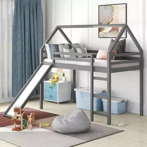 Loft Bed with Slide for Kid Twin Size Wood House Bed with Slide Low Profile Loft Bed for Kids Teens.No Box Spring Need