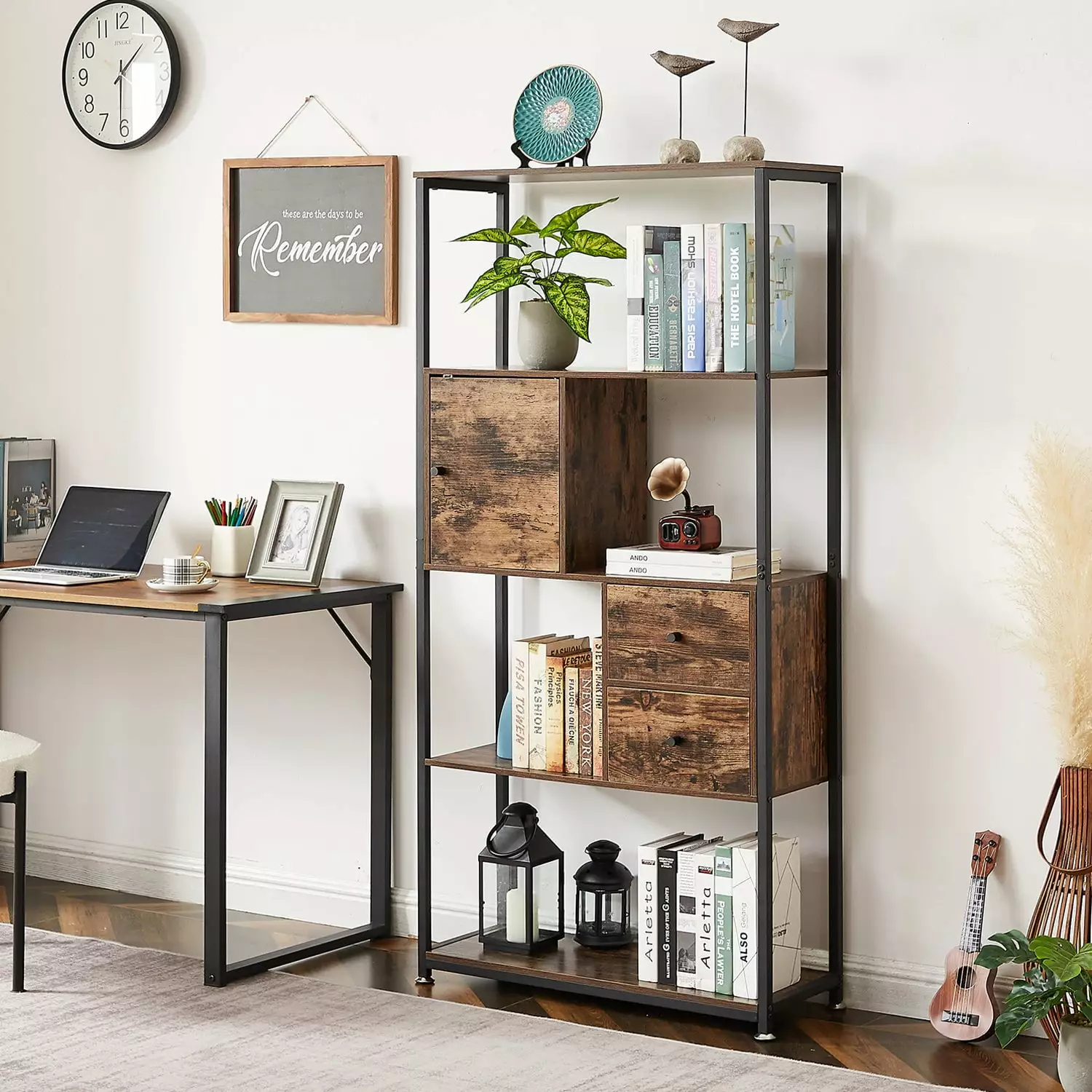 VECELO 4-Tier Bookshelf Display Decor Shelves. Rustic Industrial Wooden Bookcase with Drawer. Metal Frame. Brown