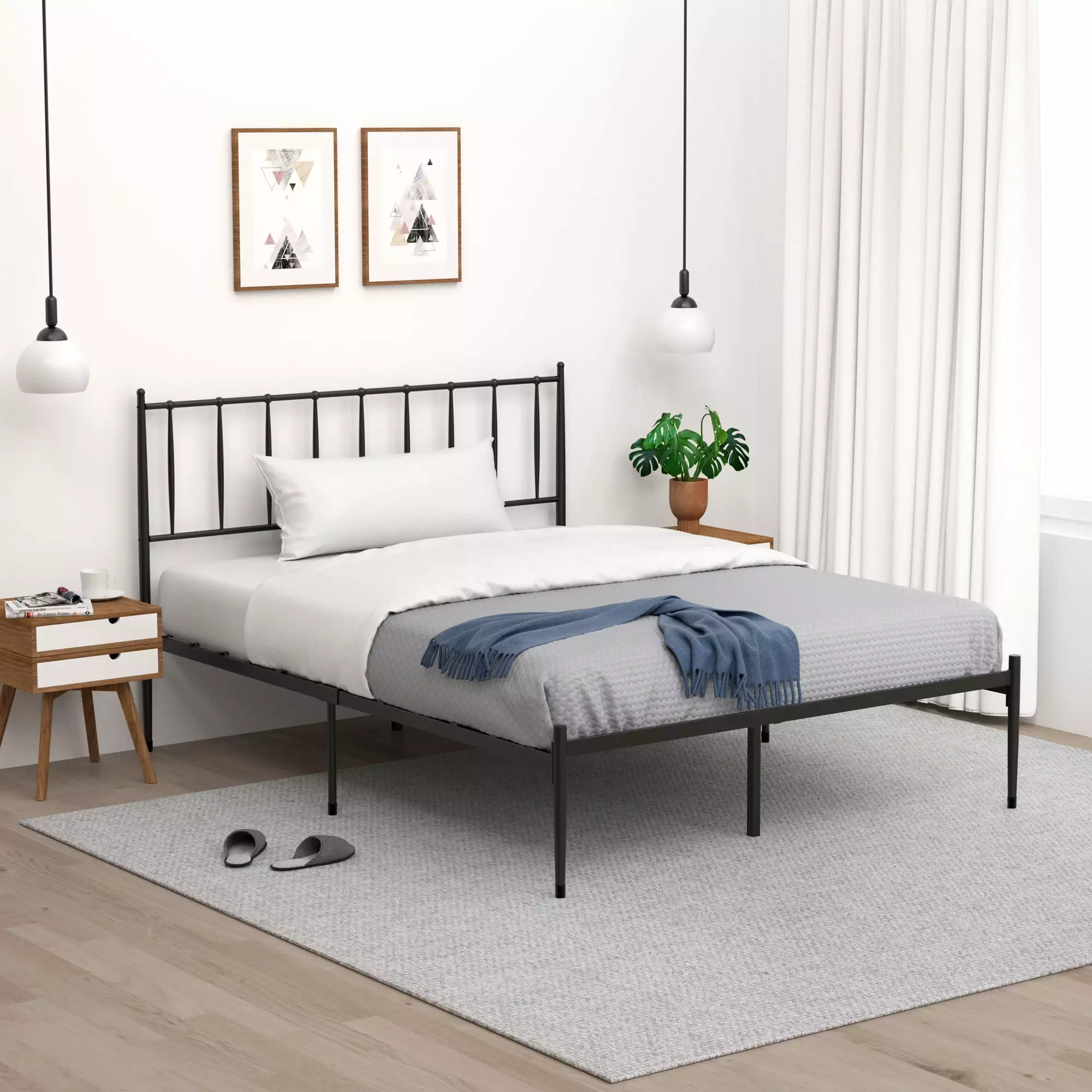 Queen Size Metal Bed Frame with Headboard. Bed Frame Mattress Foundation with Slat Support and 12.3 Storage Height