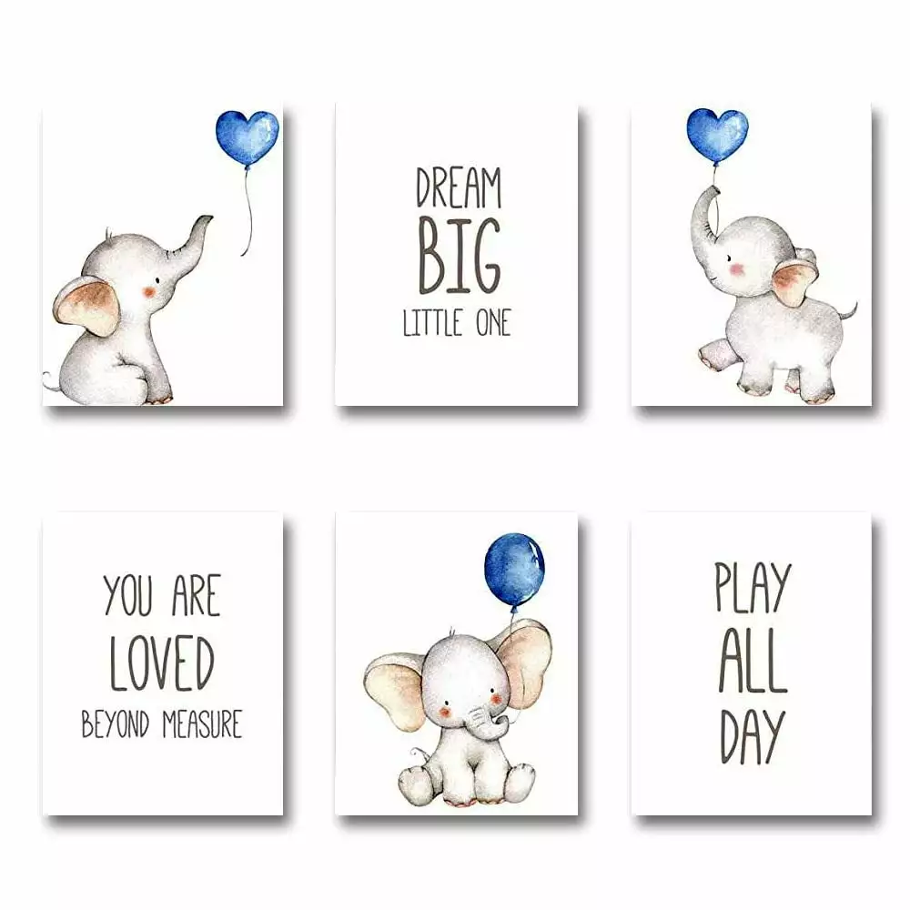 YINYUE Set of 6 Unframed Baby Boy Nursery Wall Art Prints. Blue Elephant Nursery Wall Decor. Elephants with Blue Balloons Wall Art Decorations for Baby Boy Nursery. Boy's Room (8 x 10)