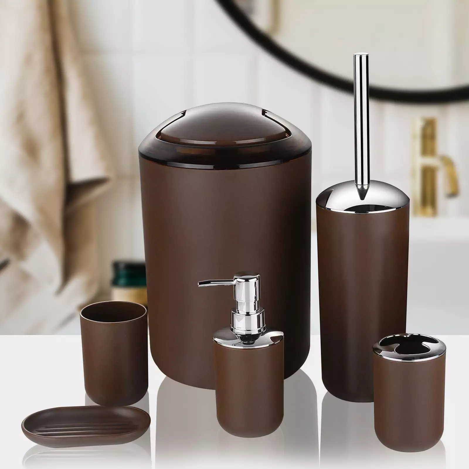 New Year Reset. Dvkptbk 6 Piece Bathroom Accessory Set With Soap Dispenser Pump. Toothbrush Holder. Toilet Brush. Trash Can.Tumbler And Soap Dish