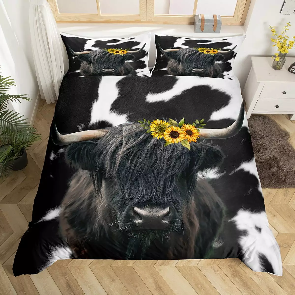 Cowhide Twin Duvet Cover Black Highland Cow Bedding Set With Sunflowers Cow Print Bed Sets Western Farmhouse Comforter Cover Cow Animal Skin Soft Quilt Cover With 1 Pillowcase. White Black