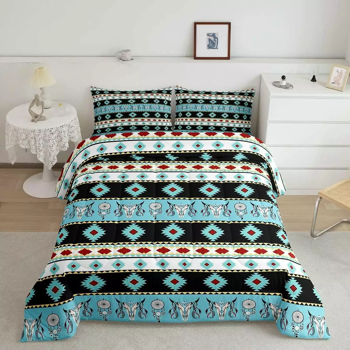 Bull Skull Bedding Set Native Tribal Feather Aztec Duvet Insert for Kids Child.Dreamcatcher Boho Comforter Set Twin.Southwestern Tribe Indian Bed Quilt Ethnic Exotic Bedroom Decor.Black and Teal