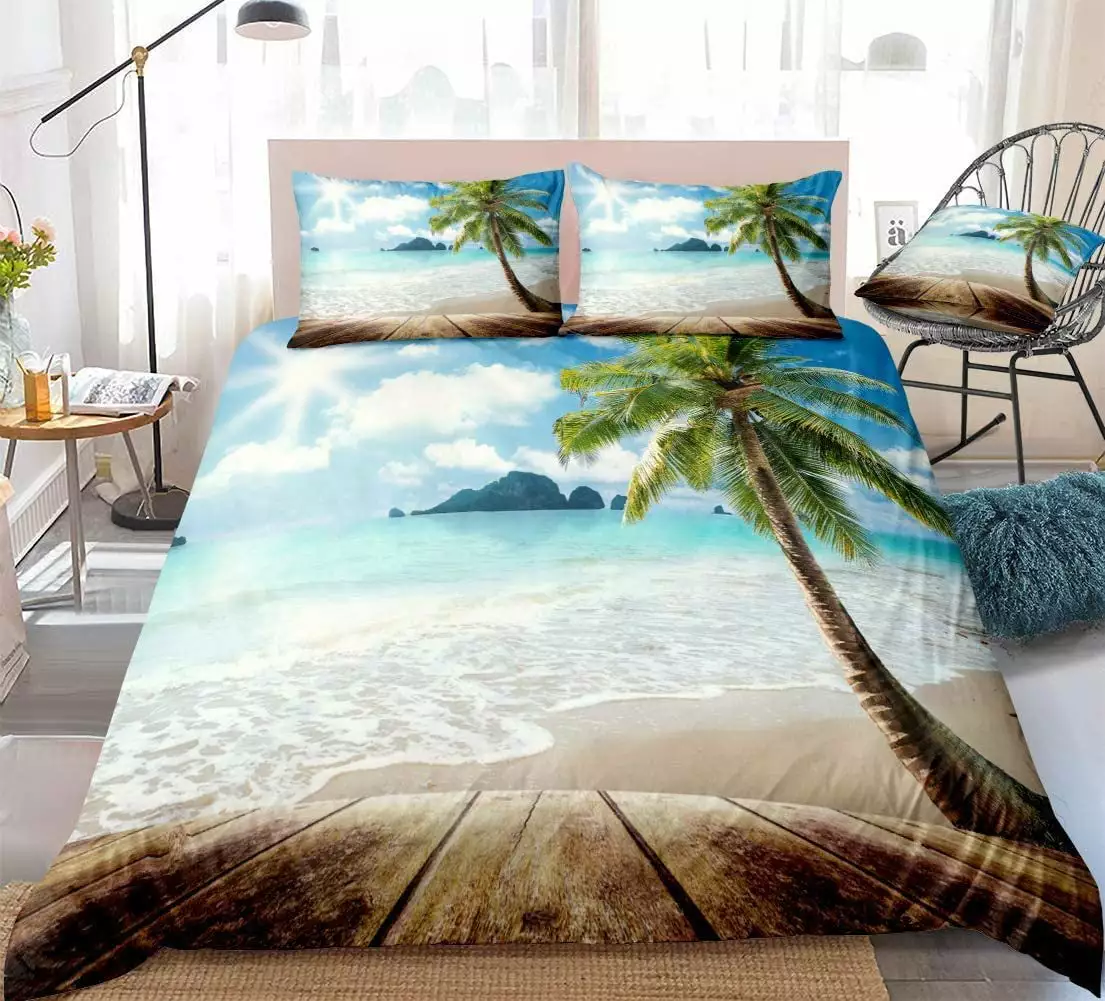 3-Piece Coastal Beach Quilt Set Blue Ocean Theme Bedding Seashell Conch Seahorse Starfish Bed Covers.2 Pillowcases & 1 Quilt Cover