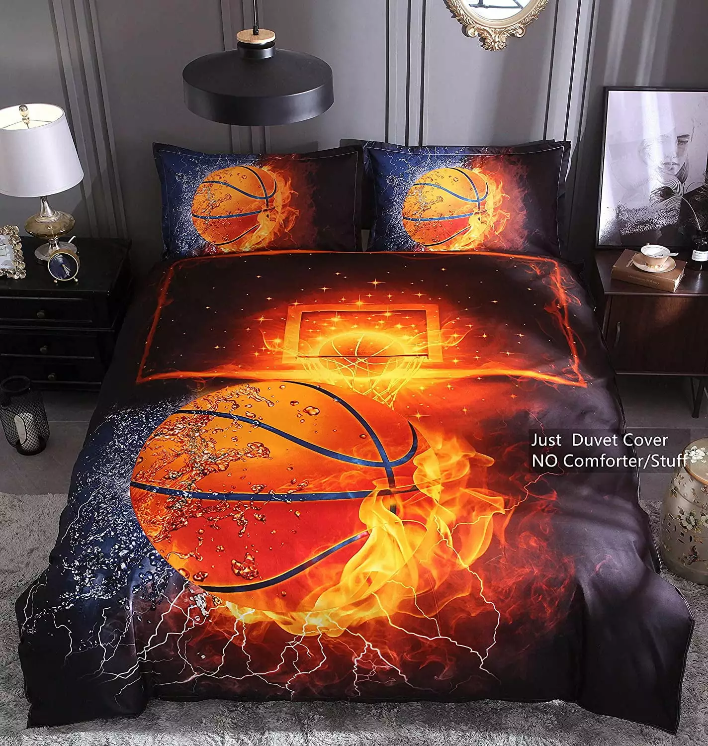 3D Basketball Fire Bedding Duvet Cover Set 3 Piece (1 Duvet Cover+2 Pillowcase) for Teen Boys Sports Microfiber Bedding Quilt (Full Basketball Fire)