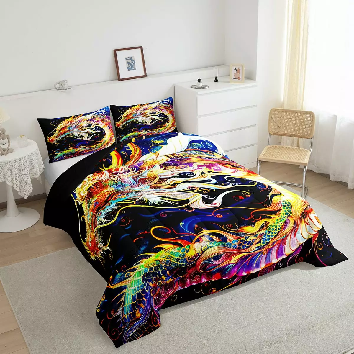 3D Dragon Twin Bedding Sets for Boys.Watercolor Dragon Scale Quilt Rainbow Artistic Dragon Comforter Set.Antique Mythical Animal Duvet Insert Vintage Gothic Room Decor Aesthetic