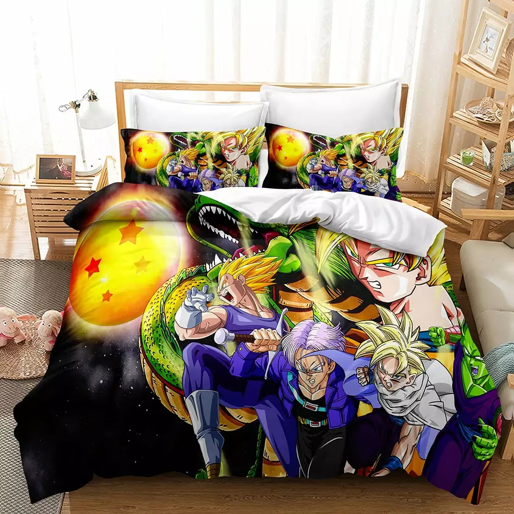 3PCS New Anime Dragon Ball Bedding Bed Set Twin Full Queen King Size Cool Goku Saiyan Vegeta Action Figures Soft Microfiber Duvet Cover 2 Pillow Case 3D Japanese Manga Quilt Cover Sets