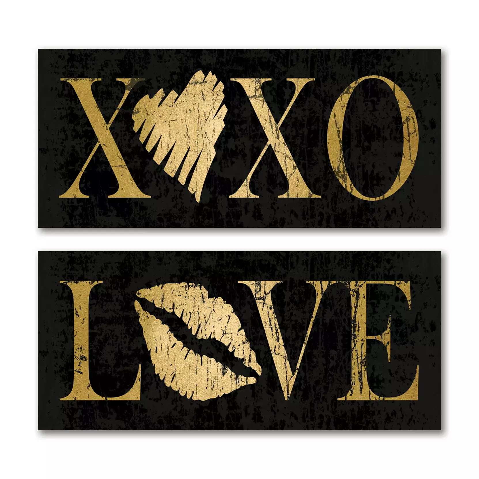 Contemporary Black and Gold XOXO and Love Heart Adult/Teen Decor; 2- 18 x 6 Unframed Prints