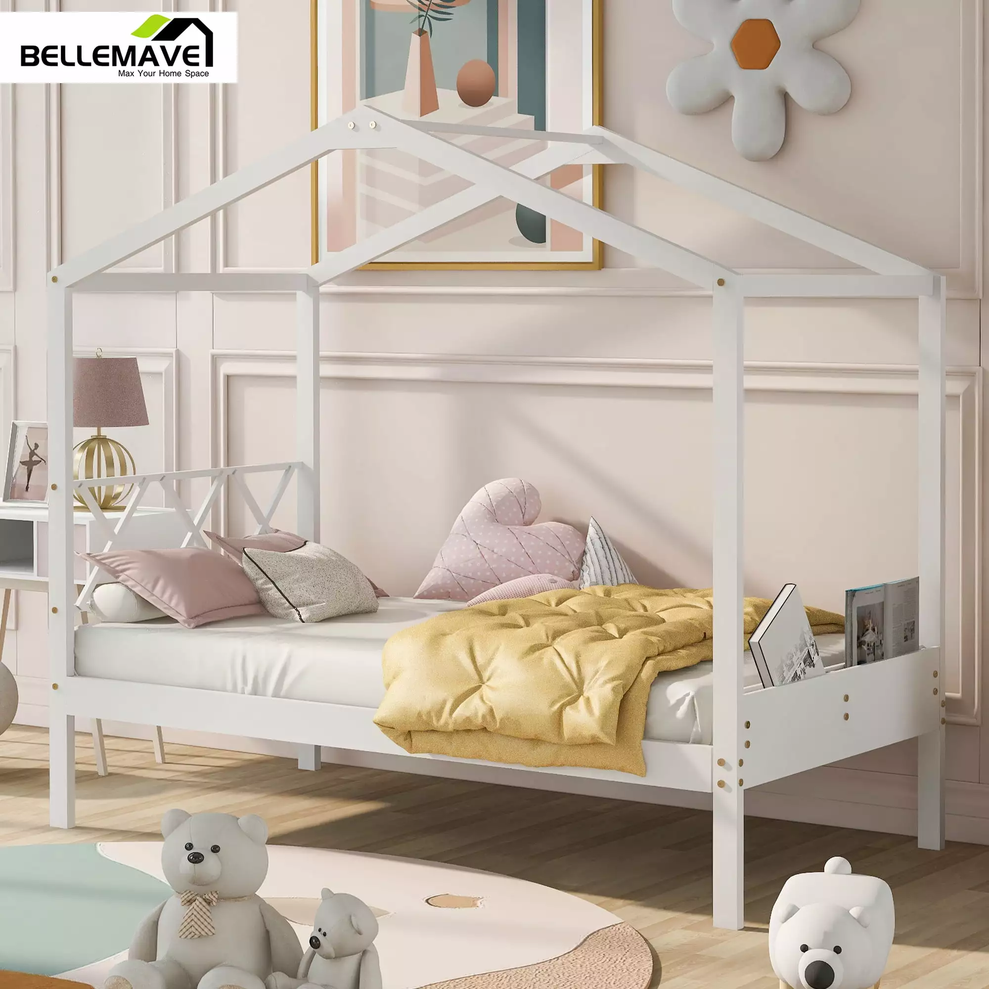 Bellemave Twin Wood House Bed Frame with Headboard. Footboard. and Storage Space. House-Shaped Platform Kids Bed Frame for Boys & Girls. White