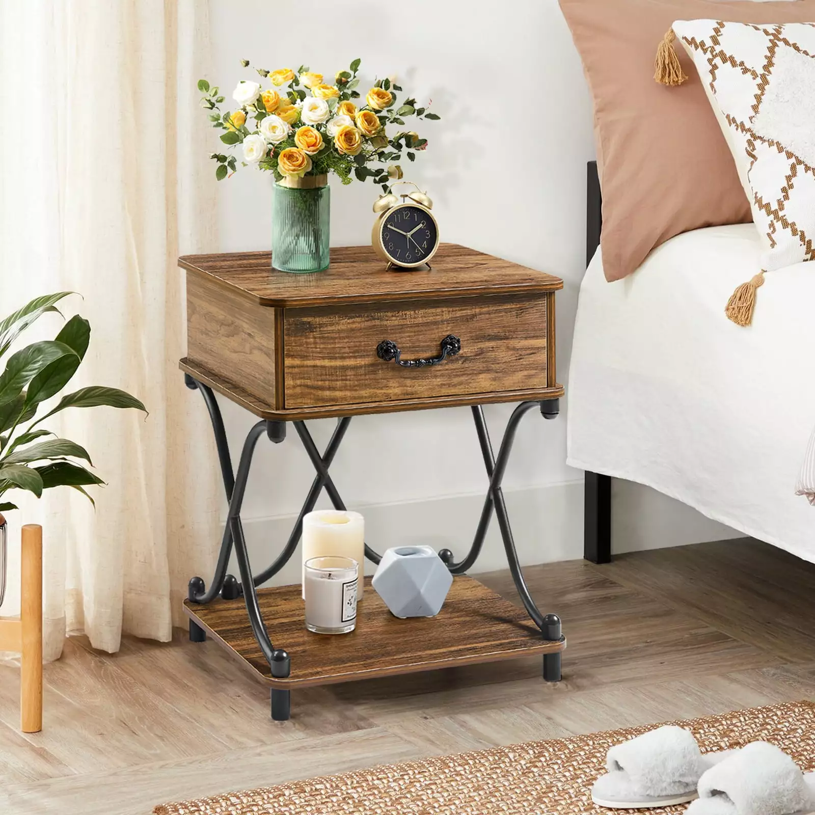 VECELO 1-Drawer Nightstand with Storage Shelf. Modern X Design End Side Table. Brown