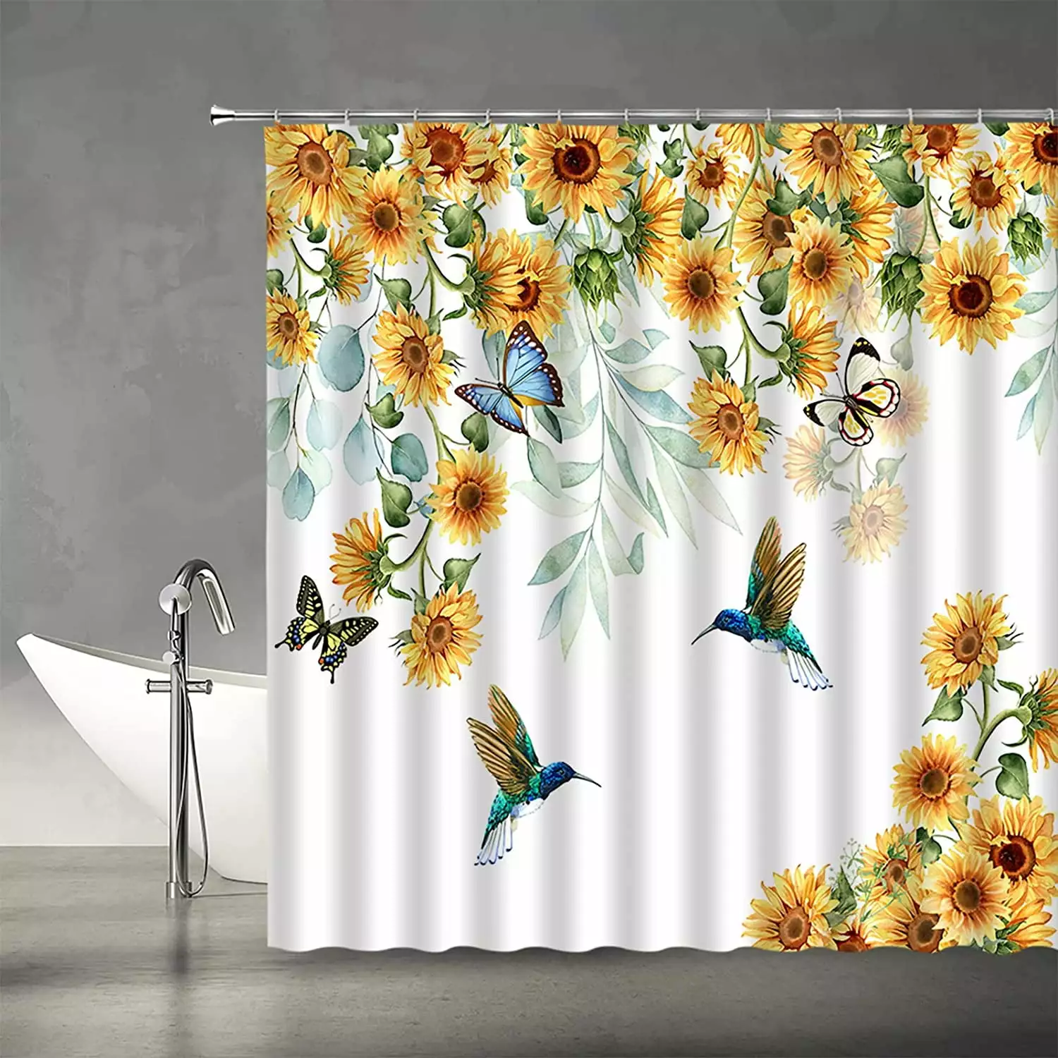 Sonernt Sunflower Hummingbird Shower Curtain Rustic Watercolor Yellow Flower Butterfly Country Farmhouse Vintage Fabric Bathroom Curtains Decor Set with Hook72x72inch