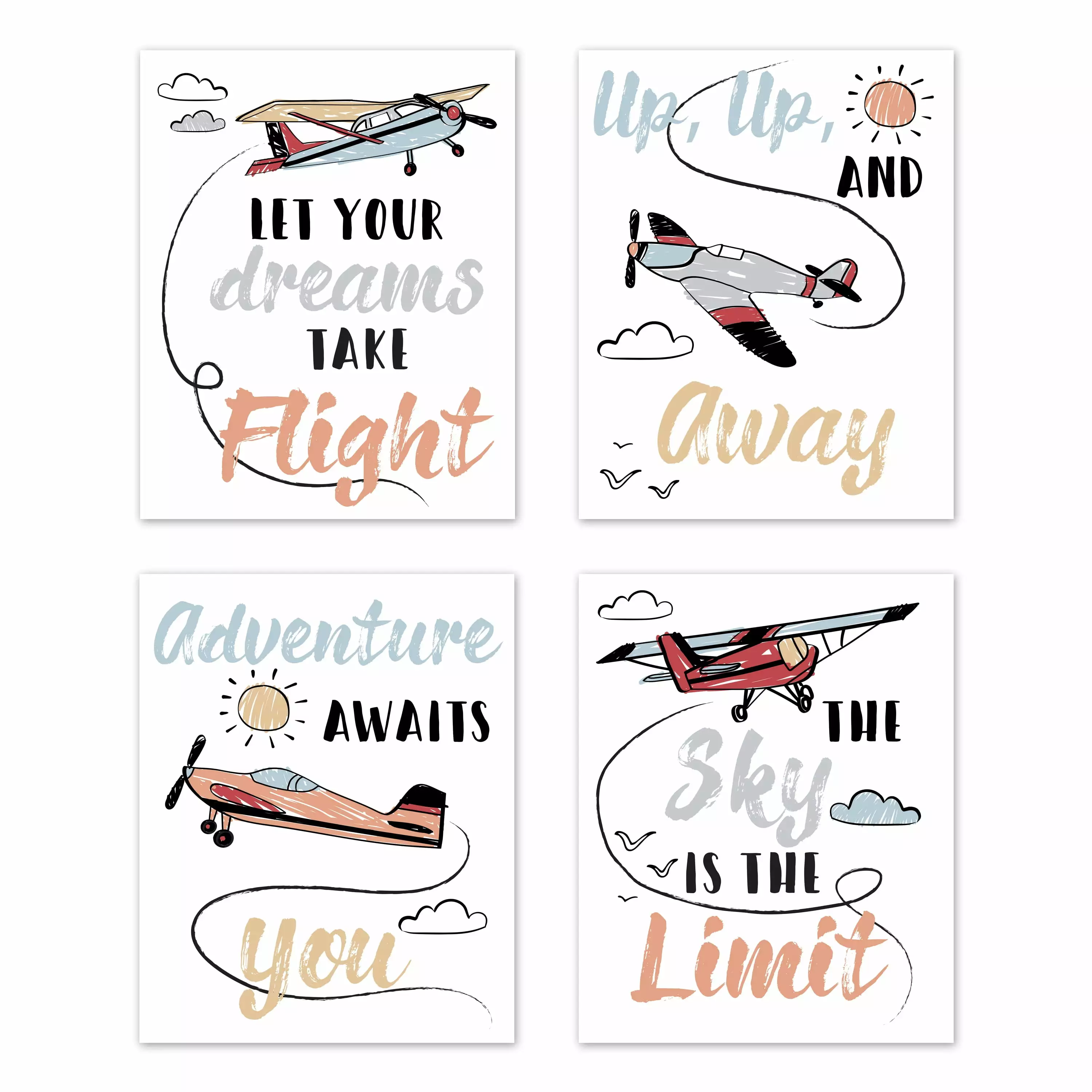 Airplane Red and Blue Art Paper Print (Set of 4) by Sweet Jojo Designs