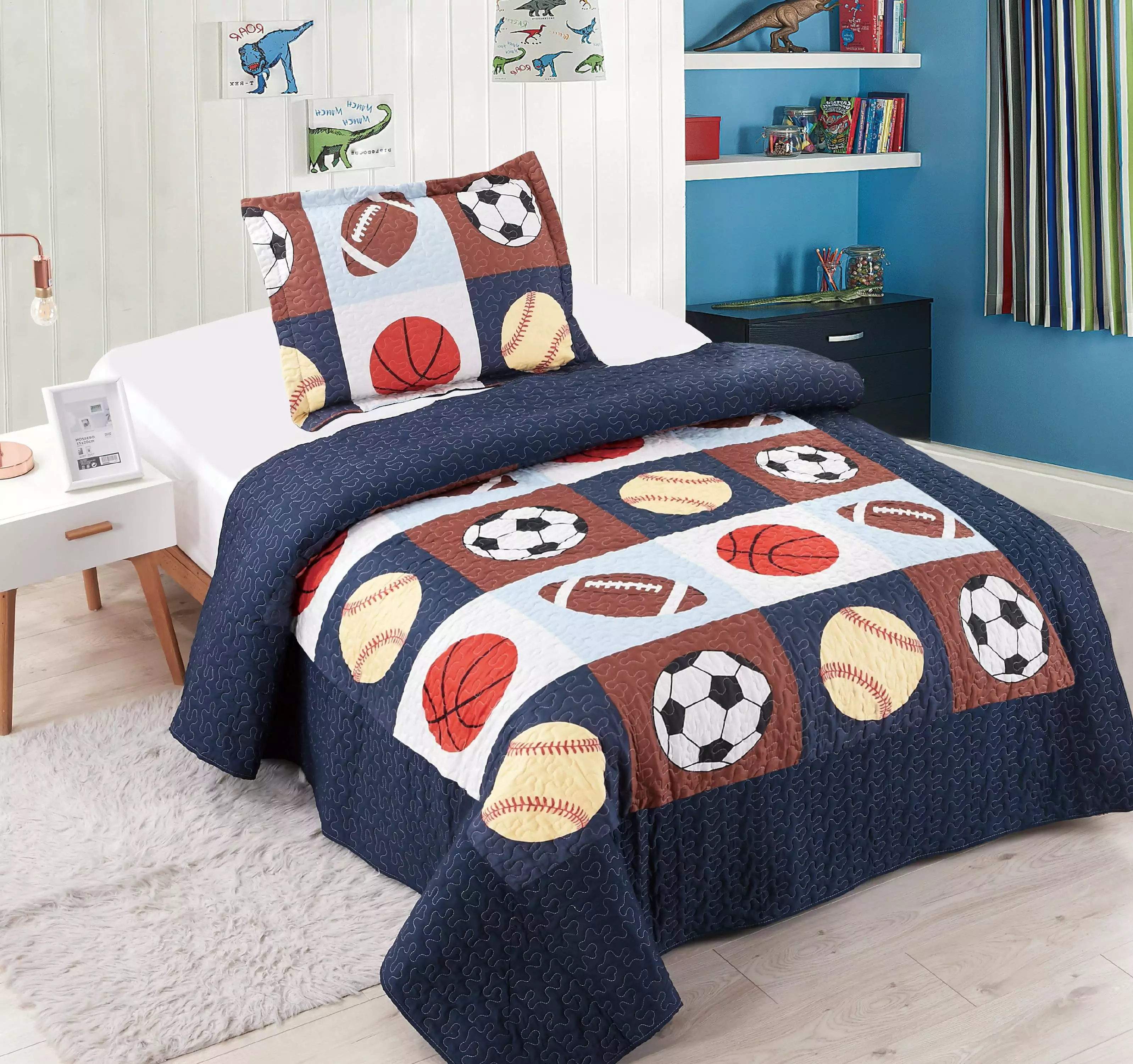 Golden Linens Twin Size 2 Pcs Quilt Bedspread Set Kids Sports Basketball Football Baseball Boys Girls