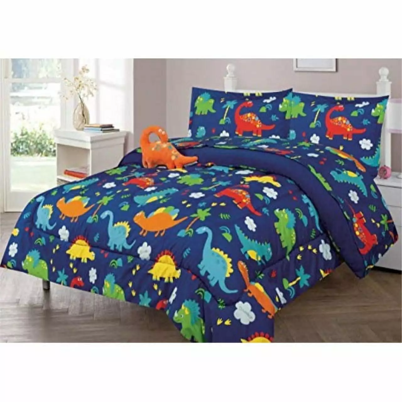 3pc twin size kids boys teens comforter set w/sham & decorative toy pillow. dinosaur multicolor print blue green boys kids comforter bedding set. twin comforter 3pc dinosaurs multi